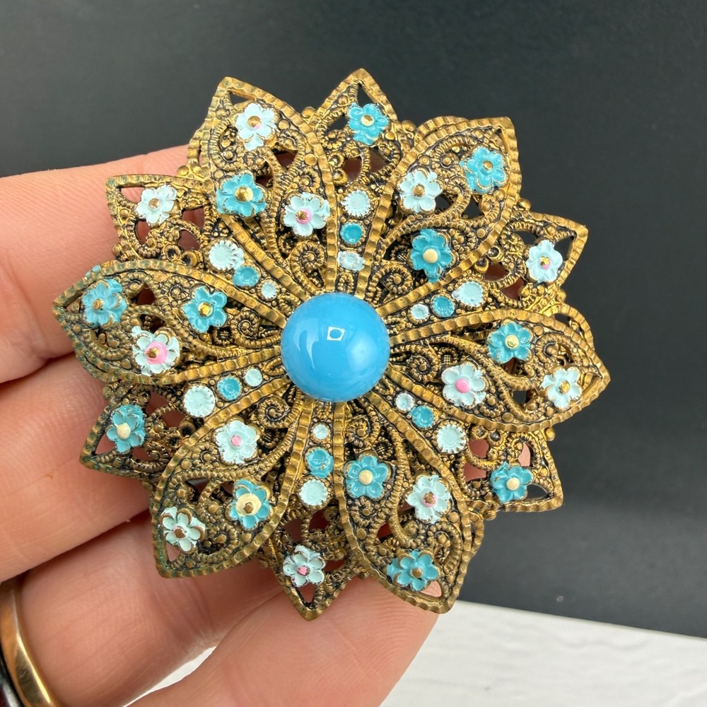 Vintage Germany Brooch Gold Tone Blue Enamel Flower Filigree Floral Pin